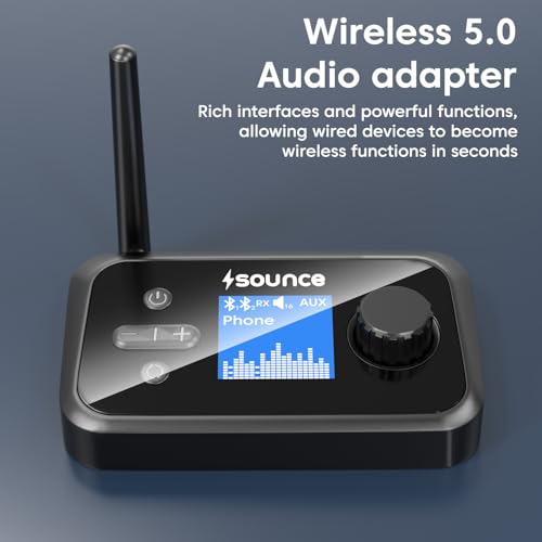 Image of Sounce 3-in-1 Bluetooth 5.0 Audio Adapter with LCD Display - Wireless Transmitter, Receiver & Bypass Mode with AUX /Optical /RCA, Dual Link Support for TV, PC, Home Stereo, Speakers & Headphones