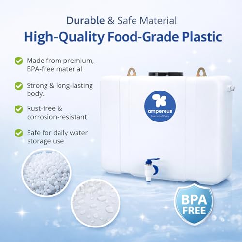 Image of AMPEREUS RO Waste Water Storage Tank for Home Filter | 18 Litre Water Storage Container with Tap | Wall-Mount HDPE Tank with Translucent Body | Easy Connection to All RO Purifiers, AC Units