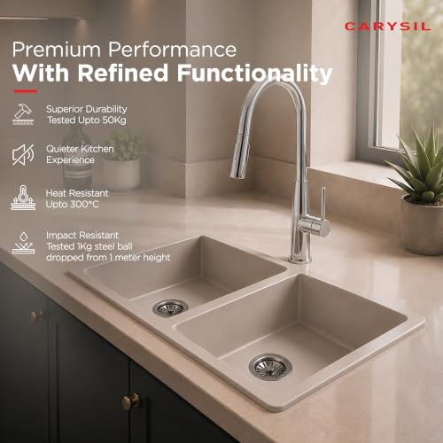 Image of Carysil DOLCE UK Quartz Kitchen Sink 34 x 20 x 8 inches, Single Bowl, 80% Quartz & 20% Resin, Heat Resistant 300C, 50kg Load, Scratch & Stain Resistant, Granite Sink, 304 SS Coupling - Cream