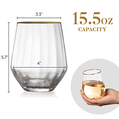 Hand Blown Stemless 15.5 Oz. Wine Glass - 24K Gold-Rim - Set Of 4 Classic Red & White Wine Glasses + Bottle Stopper, Lead-Free Crystal Cocktail Goblet -Tumbler For Entertaining & Gifting, Lumi & Numi #TOP5