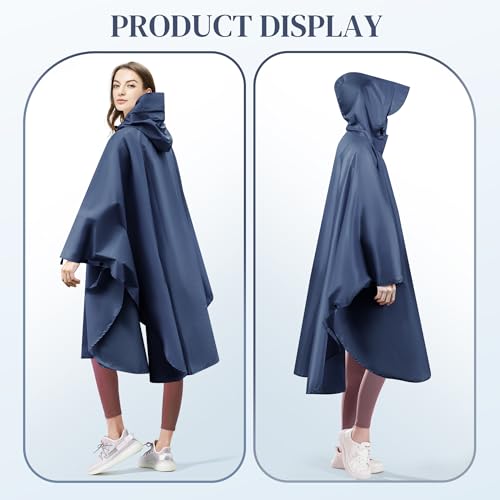 Sensong Regenponcho für Damen, Unisex Regenjacken Regencape, Wasserdicht mit Kapuze und Reißverschluss Wiederverwendbar Regenmantel für Wandern Camping Radfahren Reisen Dunkelblau