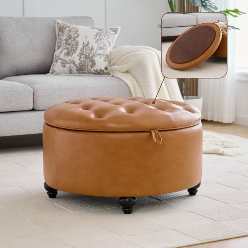 WUTUTUEE 30Inch Round Storage Ottoman with Tray Modern Tufted Leather Circle Coffee Table with Storage Upholstered Ottoman with Removable Top for Living Room Bedroom Leather Brown