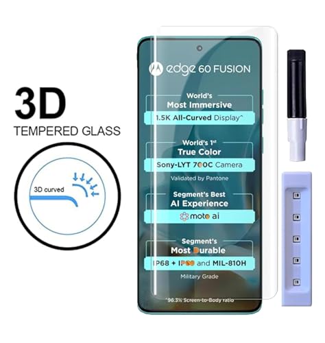 Image of FabekeeUV HD+ Tempered Glass Screen Protector Guard Compatible For Motorola Edge 60 Fusion 5G (6.67 Inch, Pack of 1) Full Adhesive UV Curved Case Friendly HD+ Clarity