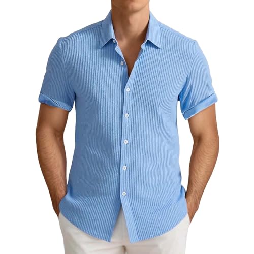 DASONLUE Camisa de playa para hombre, manga corta, monocolor, camisa hawaiana, estructura a rayas, camisa de playa, camisa guayabera, camisa de verano, transpirable, informal, con botones, cuello de