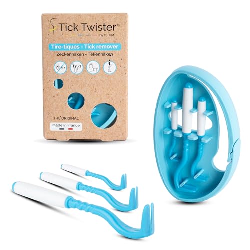 Tick Twister Tire Tique pour Chien, Chat et Humain (Set de 3 - Bleu) - Retrait Facile, Rapide et sans Douleur – Pince à Tique avec Boîte de Rangement,...