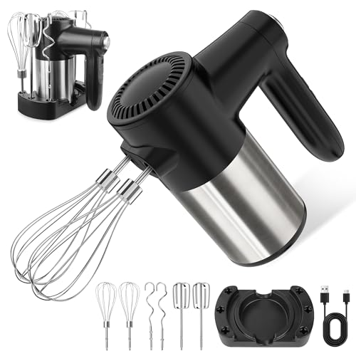 JOZZVE Kabelloser Handmixer, Digitalanzeige 7 Geschwindigkeiten Aufladbarer Elektrischer Mixer mit 6 Edelstahl Zubehören Schneebesen Quirle Knethaken & Aufbewahrungssockel, Rührgerät