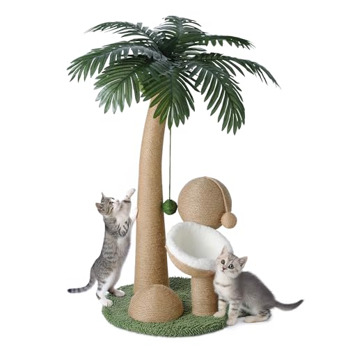 TSCOMON 43 Inches Tall Cat Scratching Post for Large Cat Coconut Tree Shaped Sisal Scratcher for Indoor Cat with Pompoms