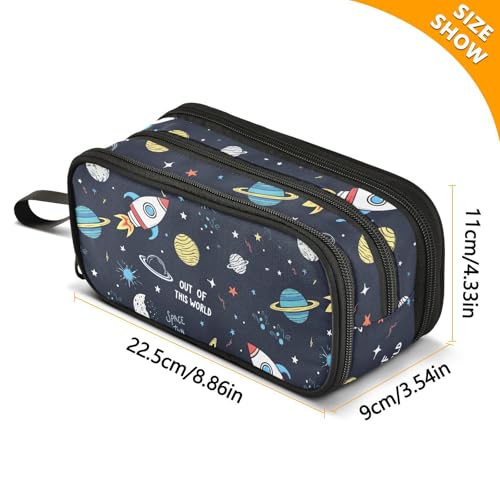 Image of Space Rocket Planet Pencil Case Box Boys Girls Large Pencil Pouch with Zipper Compartments Big Capacity Stationery Pen Bag Organizer for Kids Teens Adults School Office