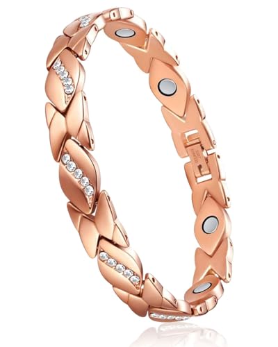HUVZOR Pulsera Magnética de Cobre, pulsera cobres puro mujer，pulsera cobre,Pulseras Magnéticas para Mujeres y Hombres, Cobres puro Sólido Pulseras con Potentes Imanes Brazaletes de Tamaño（Oro rosa）