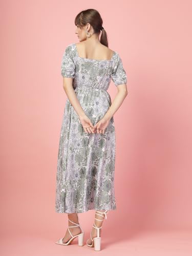 Image of OOMPH! Below Knee Shift Pink Dress in Crepe Fabric with Round Neck and Puff Sleeves - md619l