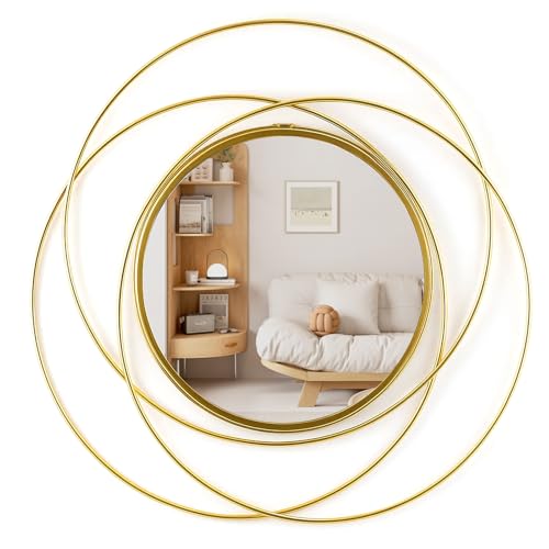 CROWNSHOP Wall Mounted Mirror Round Gold Art Classic Large Metal Mirror Decor Hanging for Home Decor Living Room Bedroom Bathroom Entryway(Gold Round 50x50cm)