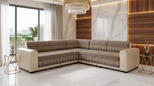 Image of KINGLY L-Shape Sofa Cover 6 Seater 3+3 Velvet Full Cover - Italian Mousse | Fully covered quilted velvet slipcover, washable anti-slip furniture protector, L-type corner sofa cover for living room