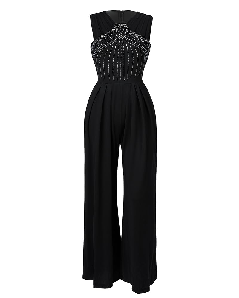CHICME Women's One Piece Jumpsuit Rhinestone Cutout Ruched Wide Leg Jumpsuit Overall Long Pants