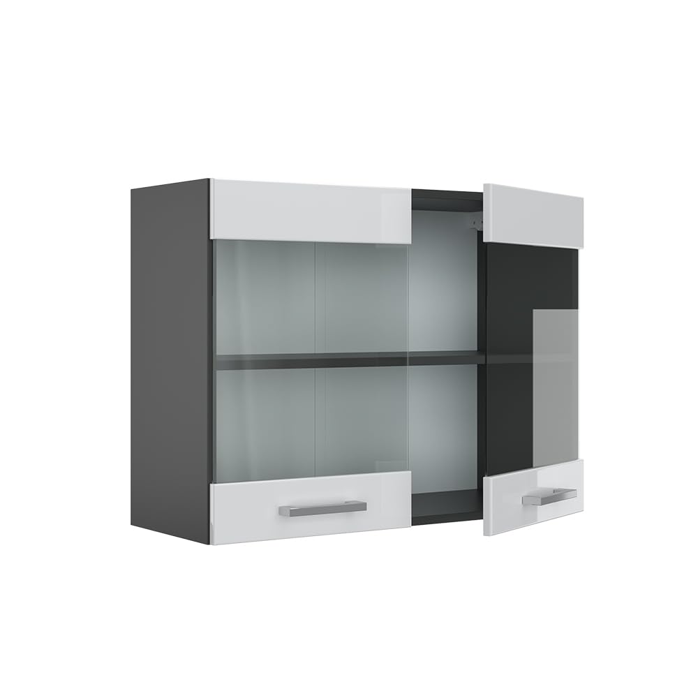 Vicco Armario de Cocina con Vidrio R-Line, Blanco Alto Brillo, 80 cm, para combinación Libre Dentro de Sistemas de Cocina modulares