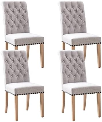 Restworld Fabric Dining Chairs Set of 4 with Button & Nailhead Decoration, Upholstered Dining Chairs for Bedroom & Dining Room，Modern Parson Chair，Rubber Solid Wood Legs,Smoke Grey