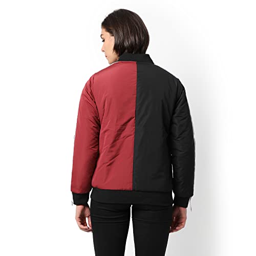 Image of PINACOLADA Women Red & Black Puffer Regular Fit Bomber Jacket For Winter Wear | Low-Cut Standing Collar | Full Sleeve | Buttoned | Casual Jacket For Woman & Girl | Western Stylish Jacket For Women