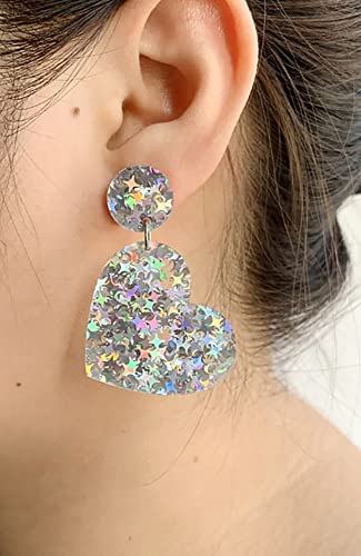Acrylic Heart Glitter Sequins Drop Dangle Earrings Colorful Big Love Heart Statement Dangling Earring Studs Sparkling Jewelry For Women Girls Girlfriend Gifts Valentine's Day (Silver) #TOP1