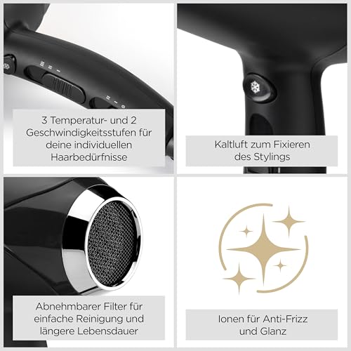 BaByliss Turbo Smooth sušilo za kosu - Snažno sušilo za kosu od 2200 W, veliki difuzor, ionska tehnologija protiv kovrčanja, 3 postavke temperature i 2 postavke brzine, crno, D572DE