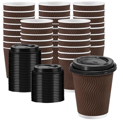 Huifany 100 Pack 8 oz Insulated Disposable Paper Coffee Cups with Lids