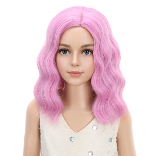 Image of PATTNIUM Kids Light Pink Wig Girls Short Wavy Pink Bob Wig Heat Resistant Synthetic Hair Wigs for Cosplay Party