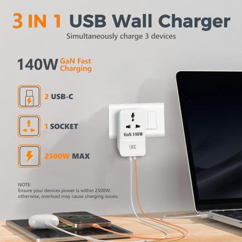 Image of MX 3-in-1 140W PD Fast Charging MultiPort Adapter with 2500W Universal Socket, Dual Type-C, Socket for India, US, UK, EU, AU, Compact Design for Bedside Use, Multi Plug Power Adapter ISI approved Plug