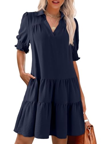 Dokotoo Womens Summer Dresses for Women 2026 Spring Graduation Dress Casual V Neck Flowy a Line Mini Dress 2026 Fashion Trendy Baby Doll Dresses Texture Vacation Women\'s Clothing Outfits Navy Blue