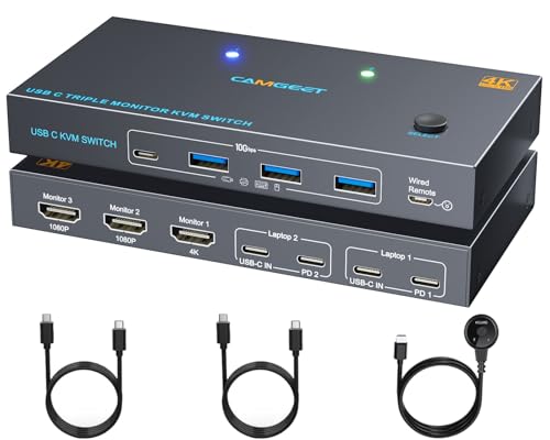 USB C KVM Switch 3 Monitors 2 Computers 4K/1080P@60Hz,Triple Monitor KVM Switches for 2 Laptop Share 3 Monitor and 4 USB3.2 Ports,80W PD Charging,For Windows and Mac OS,Driver Installation is Required