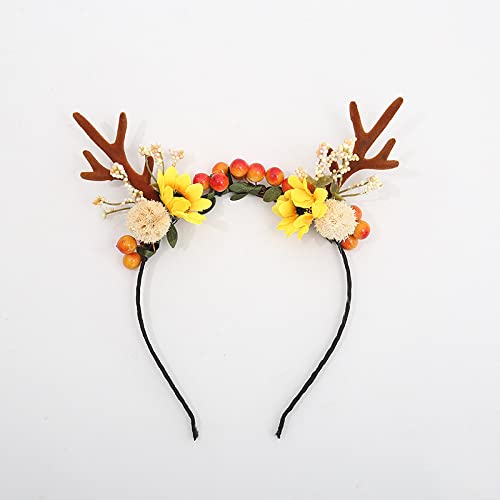 Couronne de fleurs de Noël pour fête costumée - Serre-tête avec bois de cerf et cornes d'animaux - Accessoire de cheveux pour femmes et filles Cover