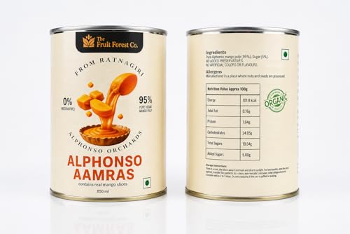 Image of The Fruit Forest Co. Alphonso Aamras | Premium Mango Pulp with Real Fruit Slices | Authentic Ratnagiri Alphonso Mangoes | Healthy Fruit Beverage 850 Gms |Pack of 1