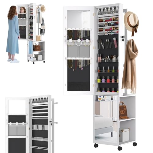 LZQ Schmuckschrank mit Spiegel und LED-Leuchten Spiegelschrank Abschließbar Schmuckorganisator mit Rädern und Ablagen 3-in-1 Schmuckaufbewahrung Schmuck-Organizer 36 x 40 x 170 cm Weiß