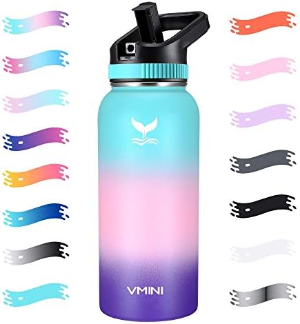 Vmini Water Bottle with Straw, Wide Sturdy Straw Lid with Dust Proof Cap, Wide Mouth Vacuum Insulated Stainless Steel Water Bottle, Gradient Mint+Pink+Purple, 32 oz