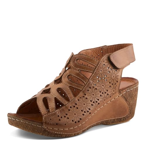 Image of Spring Step Inocencia Women's Leather Wedge Sandals | Low Heel Sandals for Women with Floral Laser Cut Design, Hook and Loop Strap, Mediterranean Style