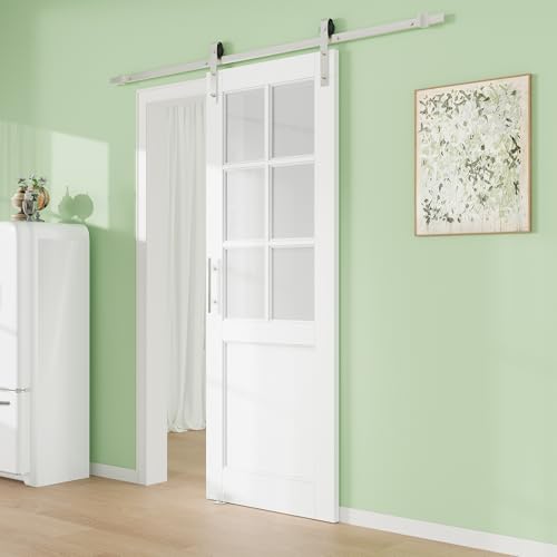 Image of 36 inch x 80 inch Presembled Barn Door with 72 inch Track Kit, Top 6-Lite Frosted Glass Bottom MDF Solid Core Panel Sliding Barn Door for Closet Kitchen Bedroom Pantry, Nickel-Plated Hardware Kit, Easy to Install