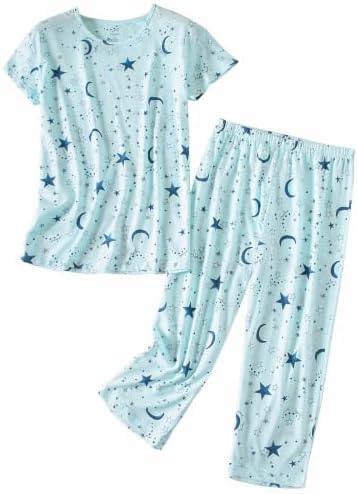 PNAEONG Womens Pajama Set Cotton Short Sleeve Top with Capri Pants Soft Pjs