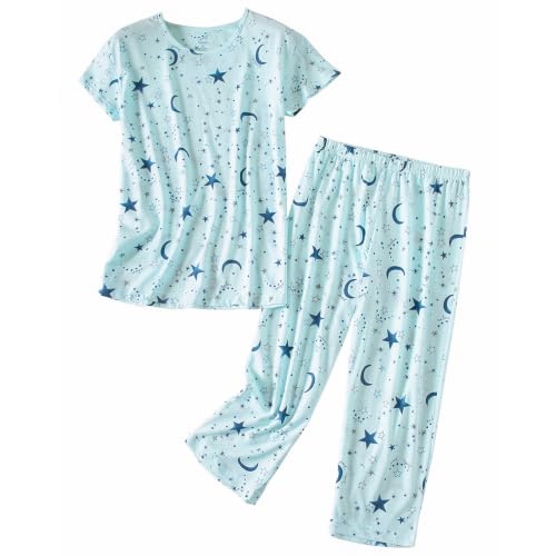 PNAEONG Women’s Pajama Set - Sleepwear Tops with Capri Pants Casual and Fun Prints Pajama Sets SY215-Blue Star-S