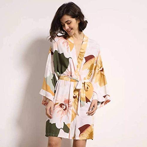 ZSMLB Damen Nachtwäsche Bademantel, Sexy Kimono Robe V-Ausschnitt Baumwolle Satin Dessous Blumendruck Kurzer Bademantel, Damen Bademäntel Nachtwäsche Nachtwäsche Für Hochzeitsfeier Cover