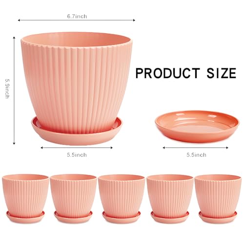 MUXINCAMP 7 Inch Large Plant Pots, 6 Pack Flower Pots with Drainage Hole and Tray Saucer Plastic Plant Pot for Outdoor Indoor House Plants and Flowers Herbs (Light Pink) by MUXINCAMP - Used condition - Image 2