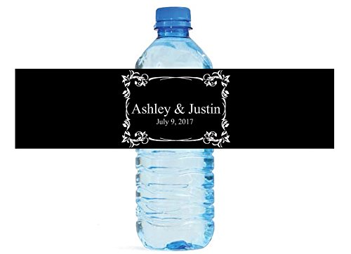DesignThatSign 100 Elegant Black Fancy White Frame Wedding Anniversary Water Bottle Labels Engagement Party Birthday