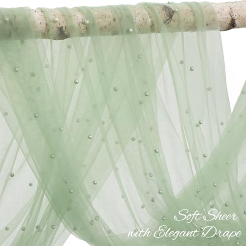 Image of Wedding Arch Draping Fabric with Pearl 28.7 inchx 20ft Ivory White Green Sheer Gauze Fabric Backdrop Drapery for Wedding Arbor Ceremony Bridal Shower Birthday Party Reception Decor (Sage Green)