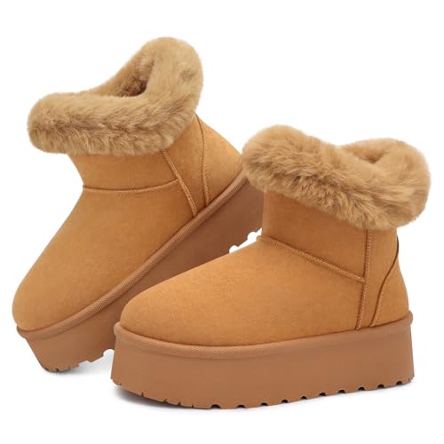 SHIBEVER Women's Snow Boots Winter: Suede Fur Lined Waterproof Anti-Slip Furry Platform Women Ankle Snow Boots Chestnut Size 6