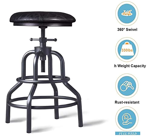 Diwhy Industrial Vintage Bar Stool,Kitchen Counter Height Adjustable Pipe Stool,Cast Iron Stool,Swivel Bar Stool,Metal Stool,27 Inch,Fully Welded Set Of 2 (Black Pu Leather Top) #TOP2