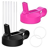 Straw Lid for Hydro Flask Wide Mouth Water Bottles 12oz-64oz with 4 Straws, 2 Straw Brushes and 2 Replacement Gaskets (Black & Pink)