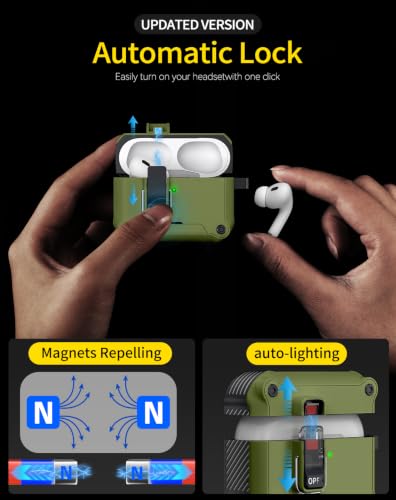 Image of Pohgelan for AirPods 2nd /1st Case with Safety Lock-Dark Green | Magnetic Automatic Lock with Cleaning Kit&Keychain,Compatible with Magsafe