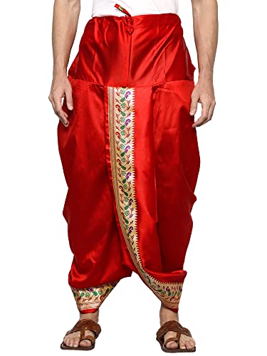 Image of Rameshwaram Fabrics Readymade Dhoti for Men, Velcro Style Stitched Mens Silk Dhoti Pant with Stole Set