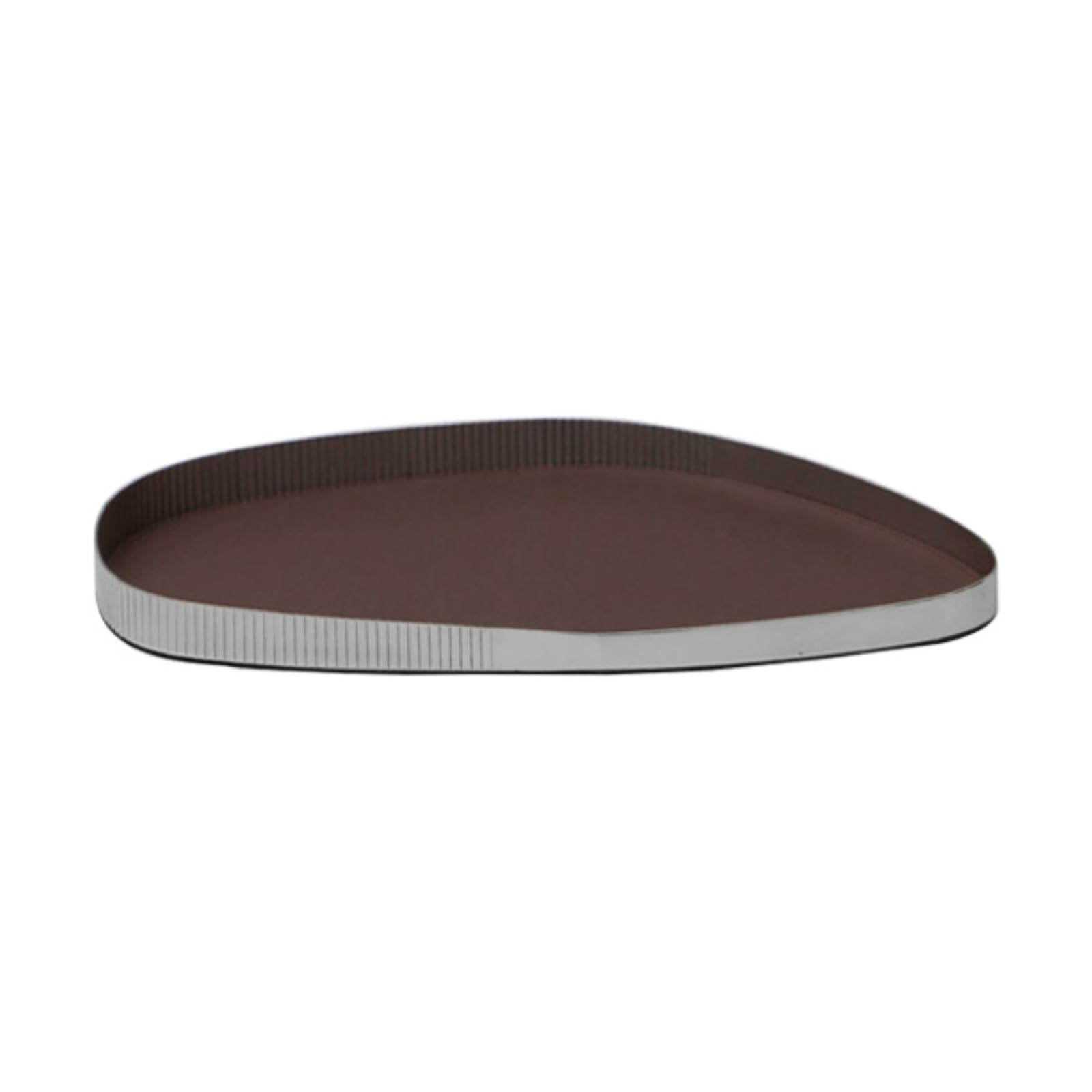 Vassoio Specchio Decorativo Ovale in Acciaio Inox con Bordo Rigato con Inserto in Pelle, Grigio, Piccolo 36.5 19.5 2cm