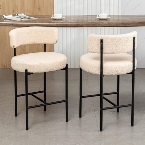 Image of Cinxzar Boucle Bar Stools Set of 2, Beige Counter Height Bar Stools with Backs, Modern Barstools for Kitchen Island, Pub, Club