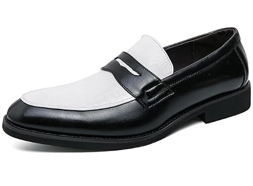 Huitjours Men Black White Two Tone Colors Penny Loafer Slip On Pull On Dress Shoes Casual Boat Shoes Moccasins #TOP6