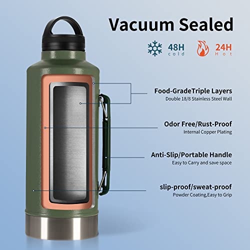 Wapest Water Bottle 64 Oz - Vacuum Insulated Wide Mouth Stainless Steel Thermos With Spout Lid And Flex Cap - Keeps Liquid Cold For 48 Hrs Or Hot For 24 Hrs - Collapsible Handle, Green, 2.2Qt #TOP1