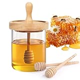 SlZKADY 12 Oz Honey Jar with 2 Wooden Dippers and Lid,Honey Pot Dispenser,Clear Glass Honey Container for Home Kitchen,Store Honey and Syrup,Easy to Clean