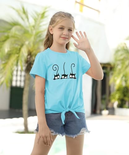 Girls T-Shirt Tie Knot Front Short Sleeve Casual Cute Print Tee Crew Neck Lovely Loose Summer Solid Blouse Tops Size 4-133